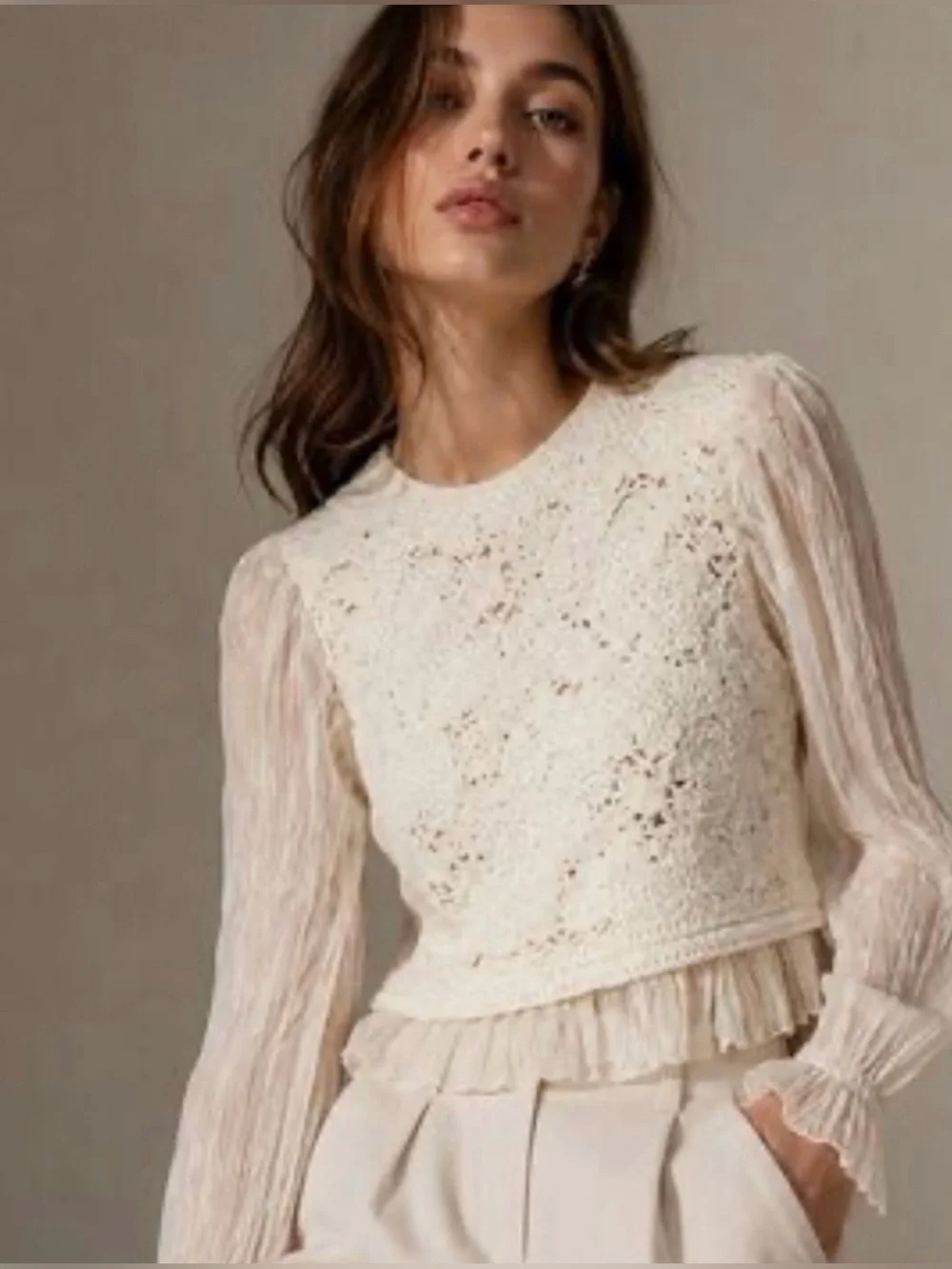 New ZARA Crochet Lace Long-Sleeve Peplum Hem Blouse